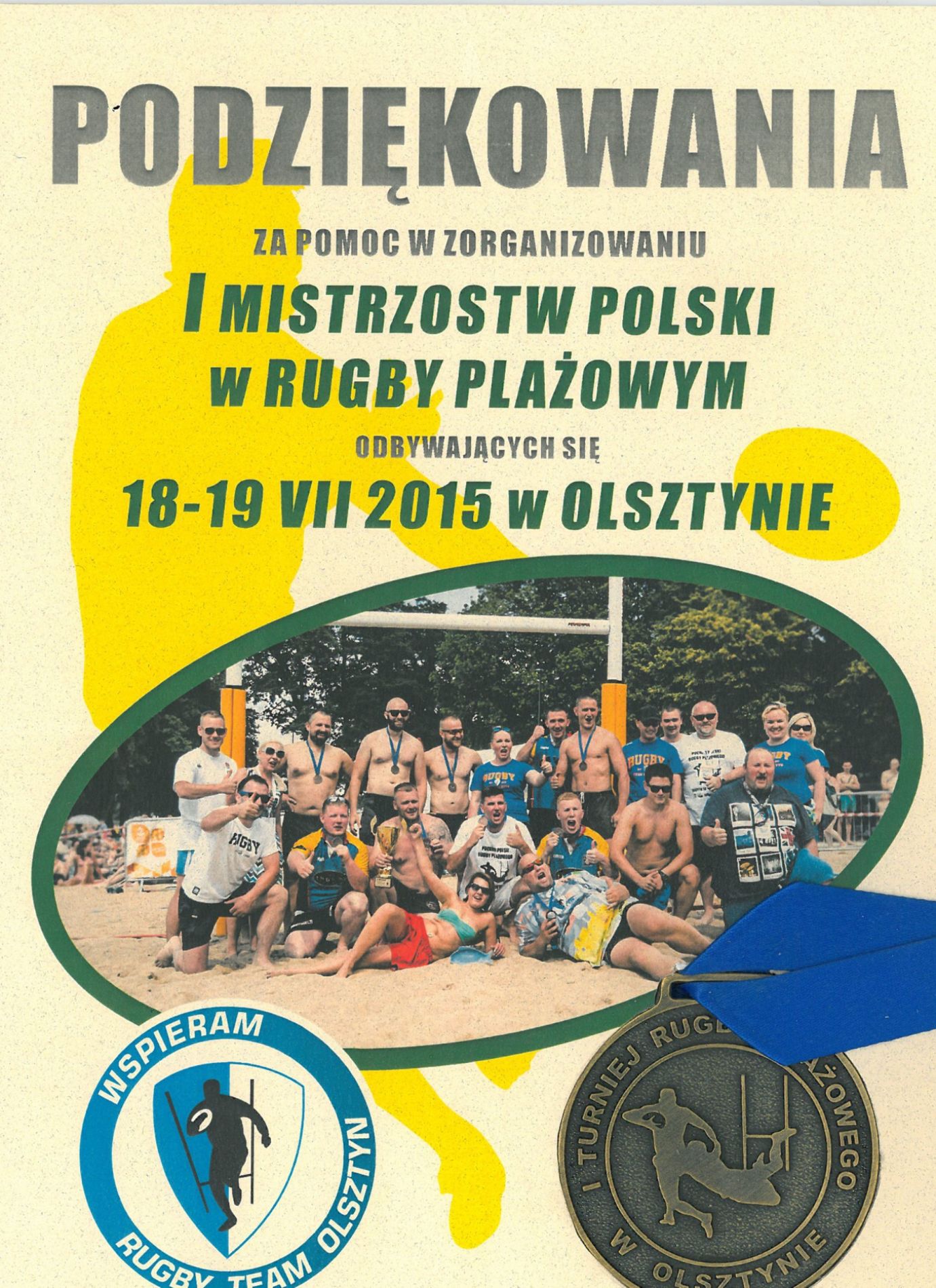 Podziękowanie za organizacje I Mistrzostw Polski w Rugby Plażowym