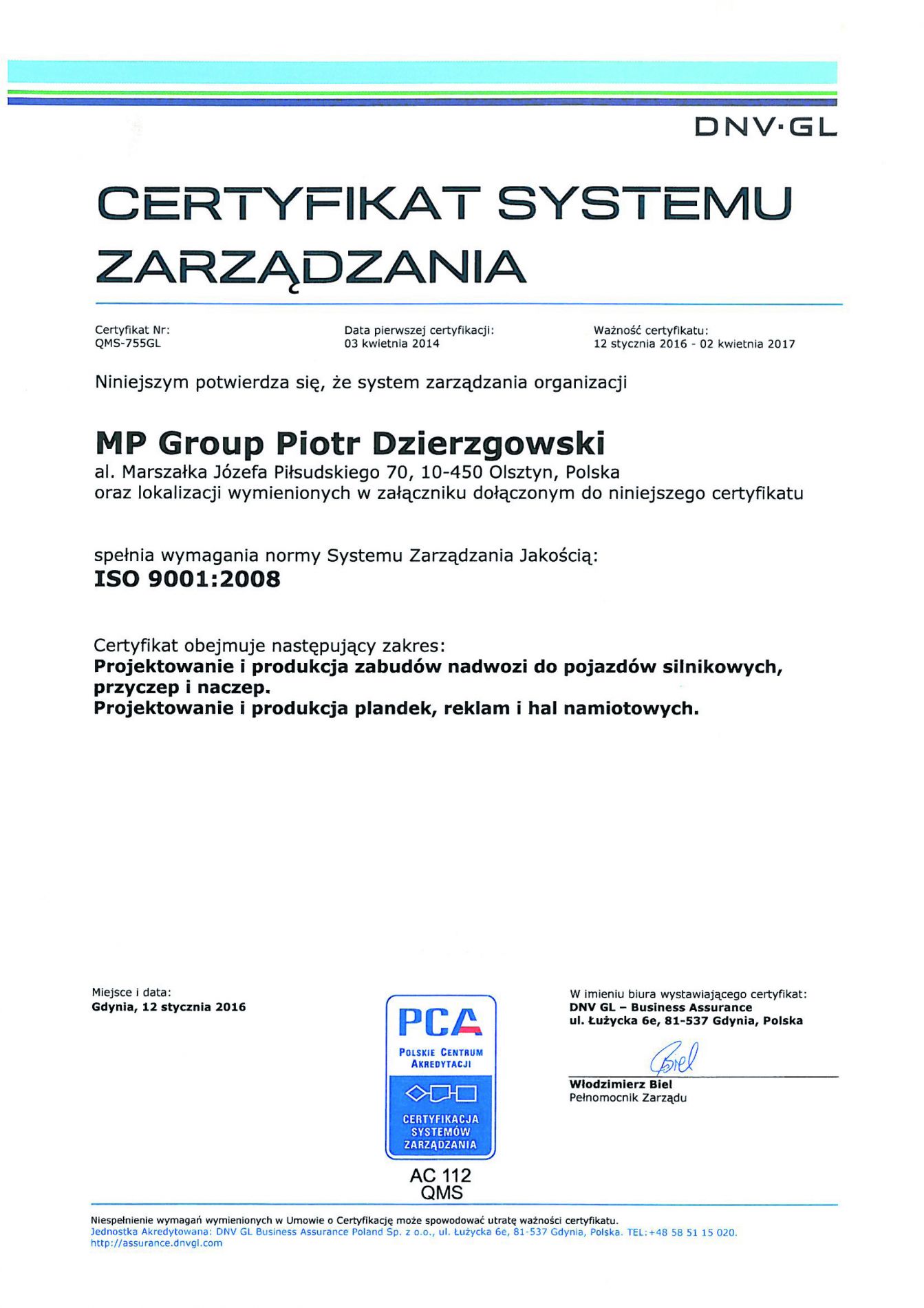 Certyfikat Systemu Zarządzania DNV-GL.