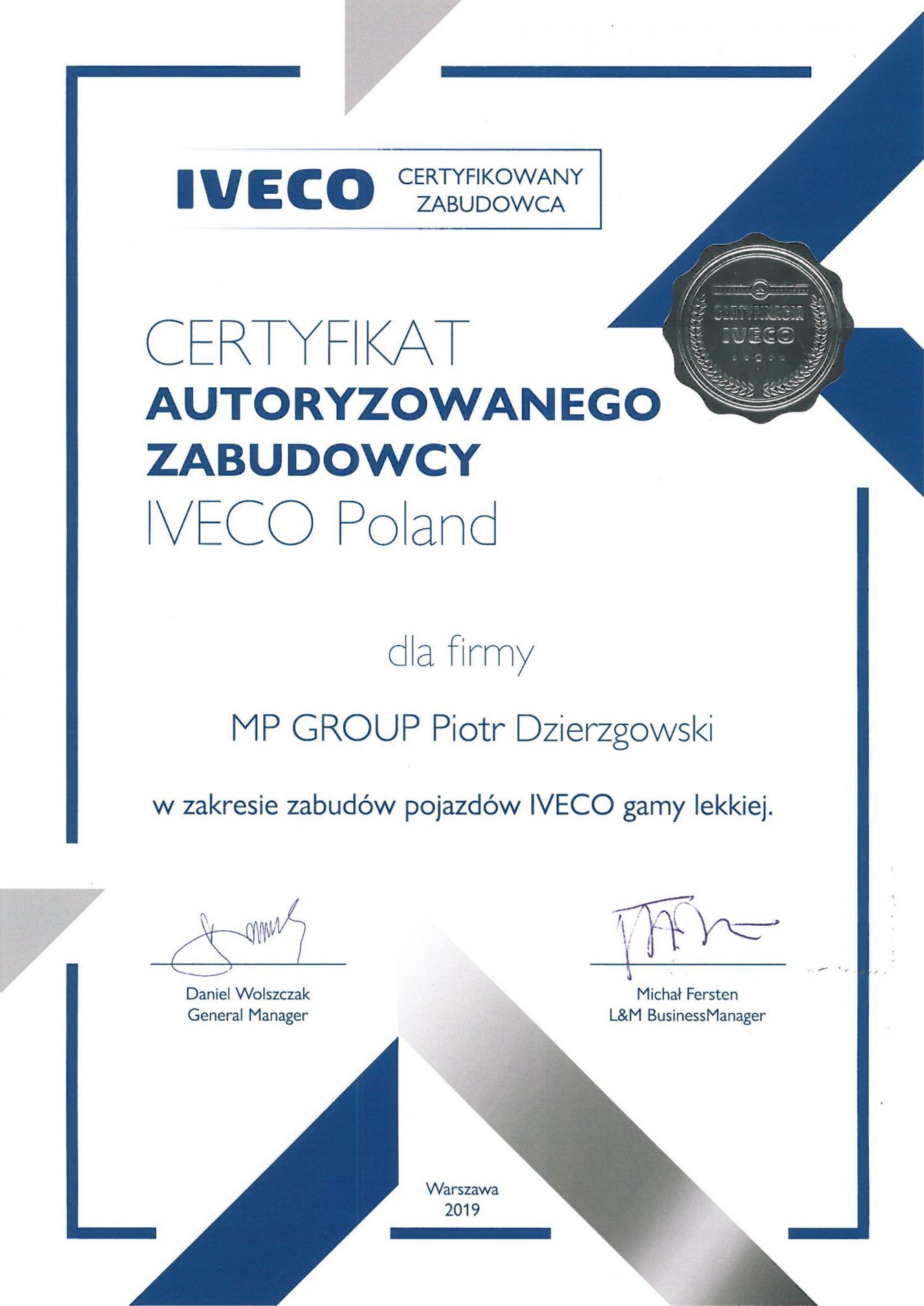 Certyfikat od firmy Iveco Poland!