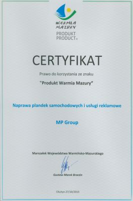 Certyfikat Produkt Warmia Mazury Naprawa plandek samochodowych i usługi reklamowe